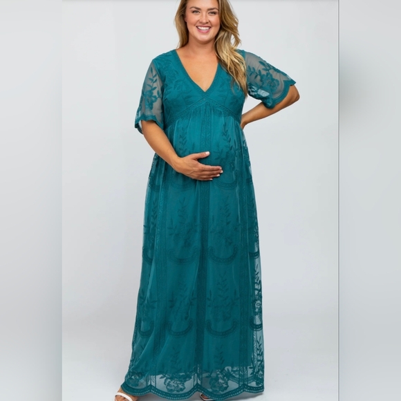 PinkBlush Teal Lace Mesh Overlay Plus Maternity Dress Size 3XL - Picture 2 of 12